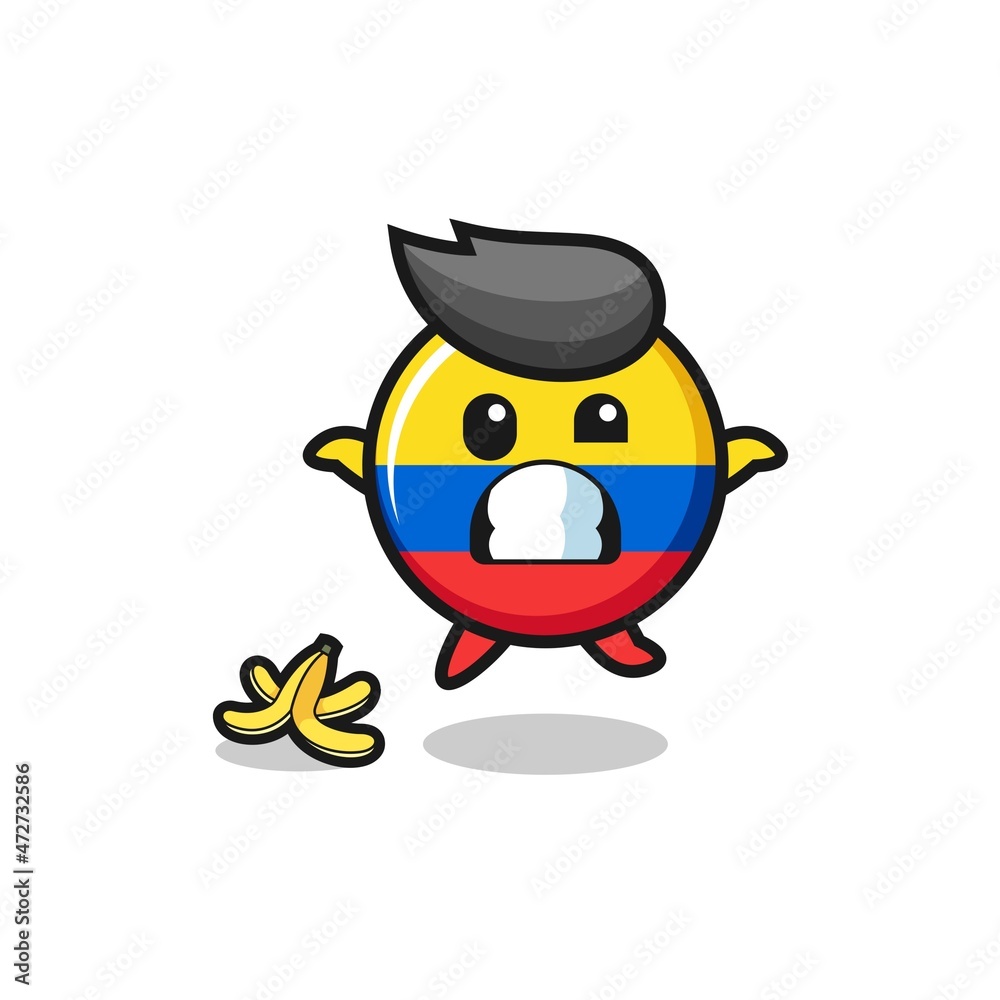 colombia flag cartoon is slip on a banana peel