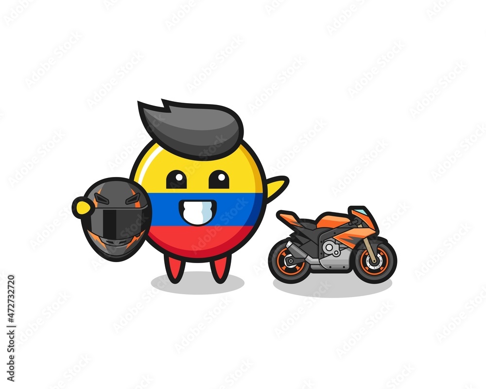 cute colombia flag cartoon as a motorcycle racer