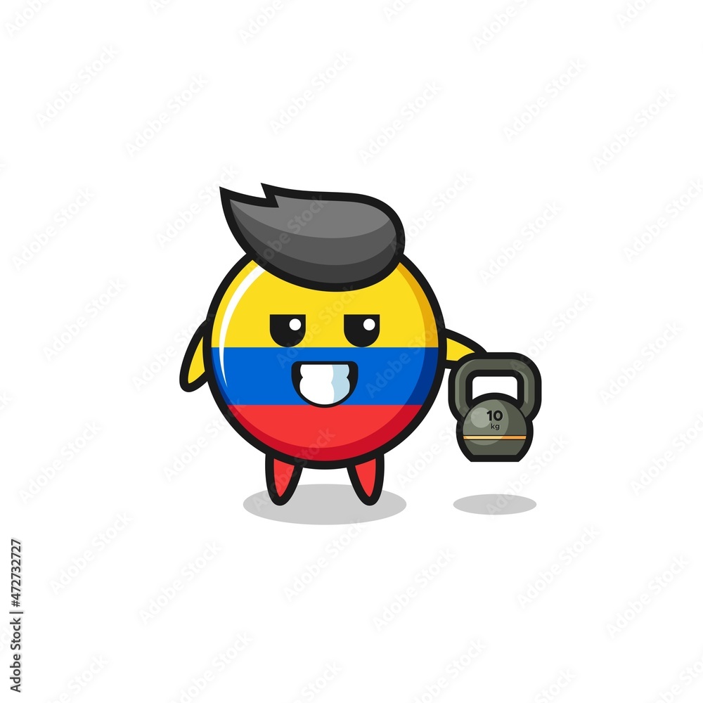 colombia flag mascot lifting kettlebell in the gym