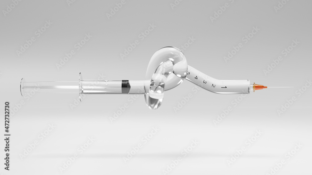 Medical syringe with a knot. Vaccination concept. 3D Rendering Medical syringe with a knot. Vaccination concept. 3D Rendering