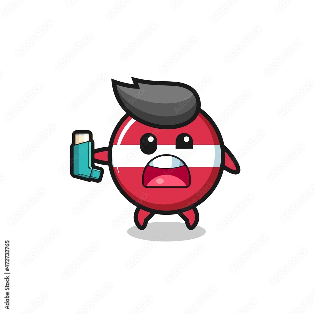 latvia flag mascot having asthma while holding the inhaler