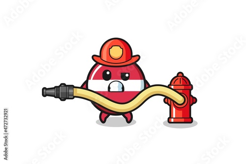 latvia flag cartoon as firefighter mascot with water hose