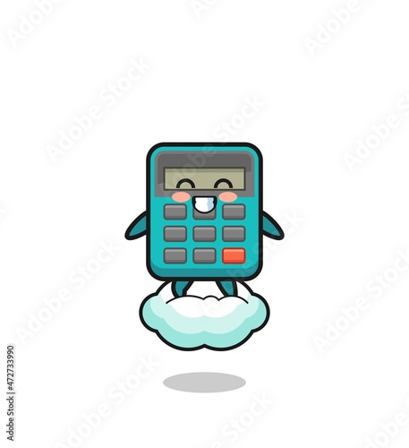 cute calculator illustration riding a floating cloud