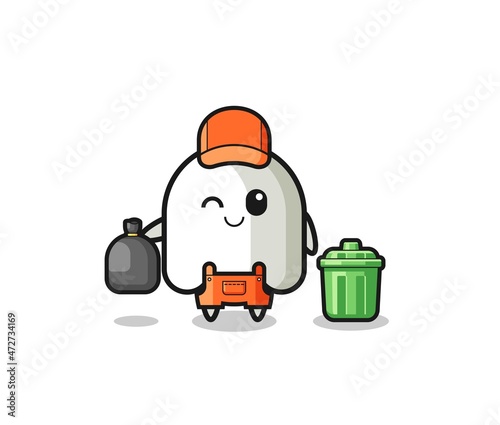 the mascot of cute ghost as garbage collector