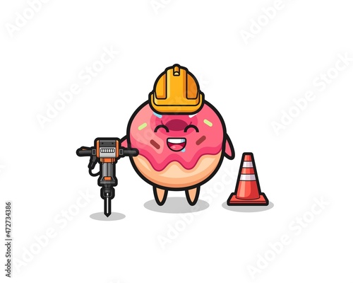 road worker mascot of doughnut holding drill machine
