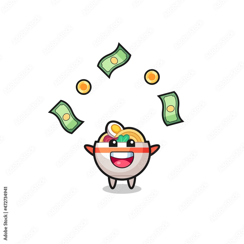 illustration of the noodle bowl catching money falling from the sky illustration of the noodle bowl catching money falling from the sky