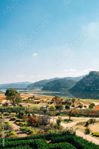 View of Geumgang river park Mir island and mountain in Gongju, Korea