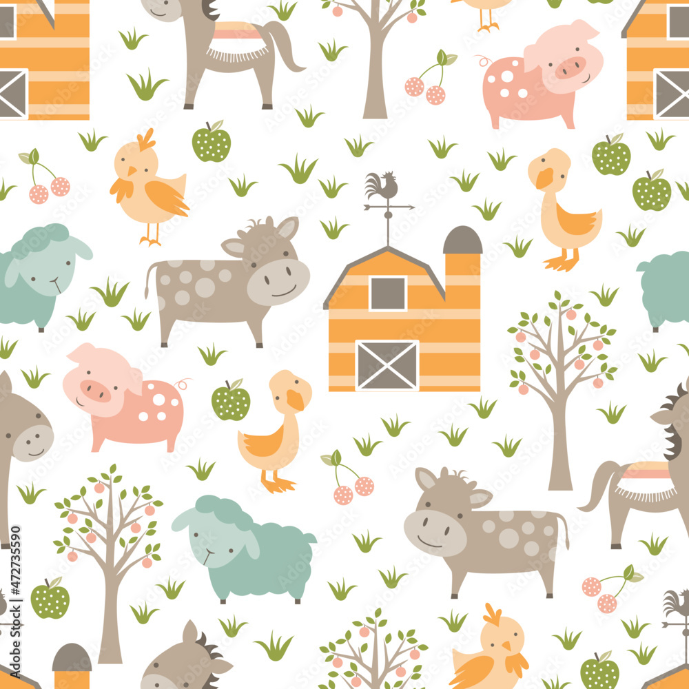 Cute baby farm animals seamless pattern with horses, cows, pigs, sheep, ducks and fun striped barns in soft muted tones.  
