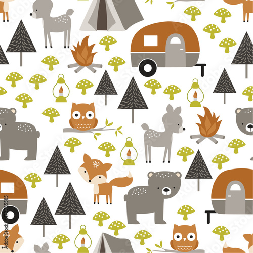 Cute baby woodland animals with campers, trees, tents and nature elements.  