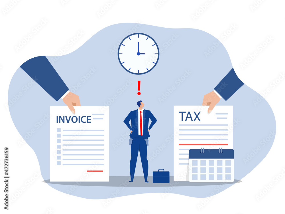 Businessman cartoon character standing feeling not free in fetter between tax and debt vector illustration