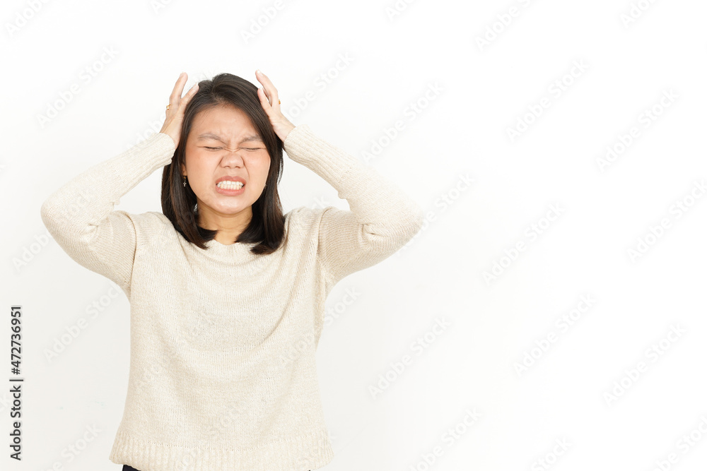 Headache of Beautiful Asian Woman Isolated On White Background Headache of Beautiful Asian Woman Isolated On White Background