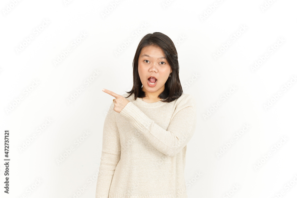 Pointing aside Showing Product with wow face of Beautiful Asian Woman Isolated On White Background Pointing aside Showing Product with wow face of Beautiful Asian Woman Isolated On White Background