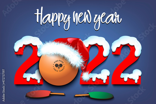 Happy new year. Snowy numbers 2022 with ping-pong ball in a Christmas hat. Original template design for greeting card, banner, poster. Vector illustration on isolated background