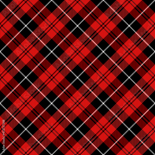 Diagonal tartan Christmas and new year plaid. Scottish pattern in red, black and white cage. Scottish cage. Traditional Scottish checkered background. Seamless fabric texture. Vector illustration