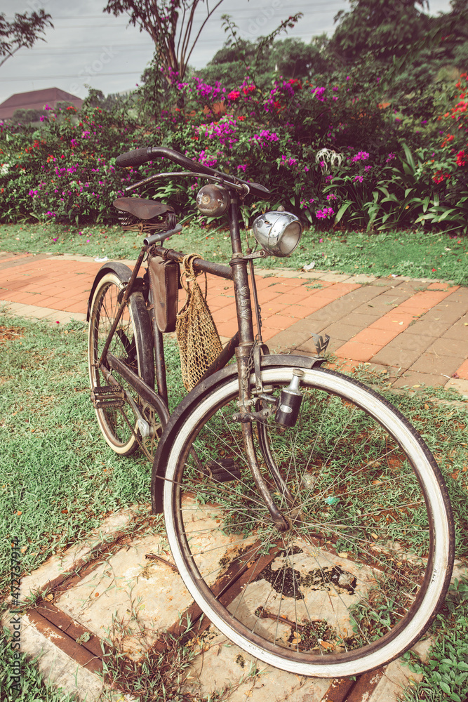 Retro vintage bike on cobblestone street in the park. Old charming bicycle. Retro styled image of a nineteenth century bicycle. for activity and healthy lifestyle