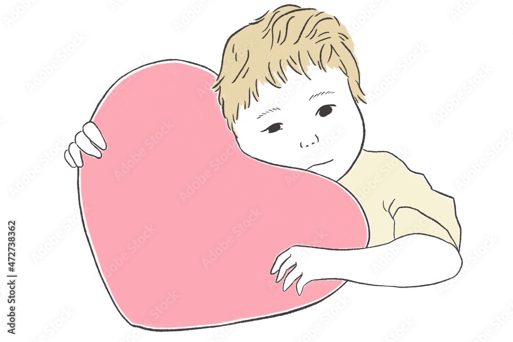 ハートの大きいクッションを持つリアルなかわいい子供