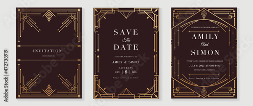 Art deco wedding invitation card vector. Luxury classic antique cards design for VIP invite, Gatsby invitation gold, Fancy party event, Save the date card and Thank you card. Vector illustration.