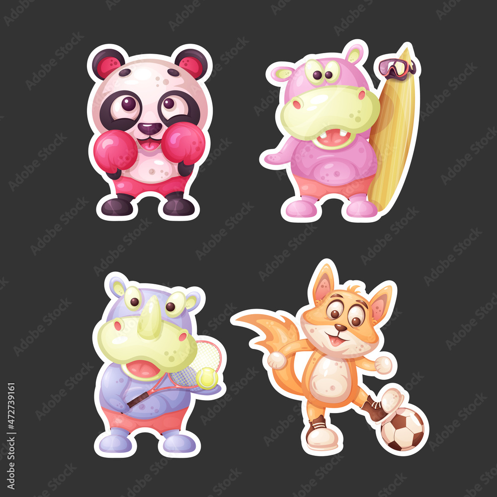 Set of stickers. Panda boxer, hippo surfer, rhino tennis player, fox football player. Set of stickers. Panda boxer, hippo surfer, rhino tennis player, fox football player.