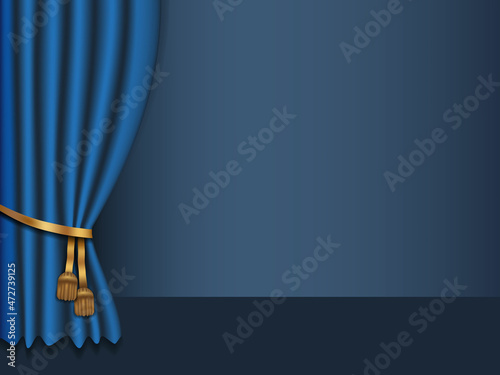 Blue curtain is opened on the left side of the picture, dark blue background, wallpaper, template, stage.
