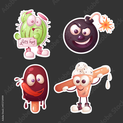 Set of stickers. Sad cactus, angry bomb, popsicle and ice cream.
