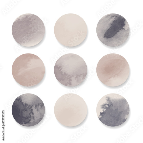 Warm gray watercolor story highlight cover icons. Set of luxury abstract pastel watercolor circles design. Highlight cover for social media stories.