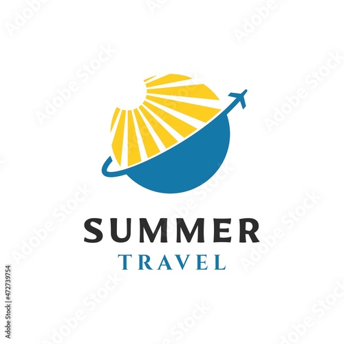 Summer Travel logo design. Combination  of Sunlight Sunshine Sunrise Sunset with Airplane Airport Aircraft Flight Aviation and Globe, For Holiday, Vacation, Journey, Traveling logo design