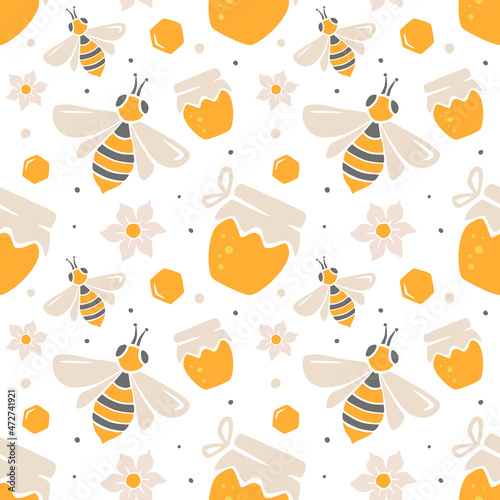 Honey and bee seamless pattern. Cute jars of honey, bees, flowers and honeycombs in cartoon style. Vector flat hand drawn illustration