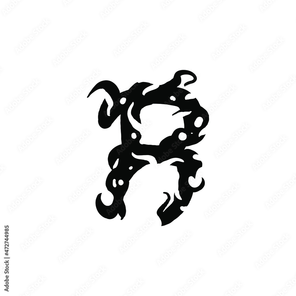 Letter R in gothic graffiti style. Black letter with curls. Logo or ...
