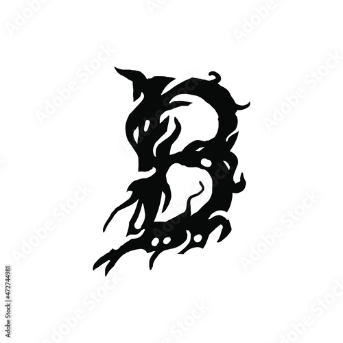 Letter B in gothic graffiti style. Black letter with curls. Logo or design element. Vector illustration isolated on white background. Vector EPS 10.