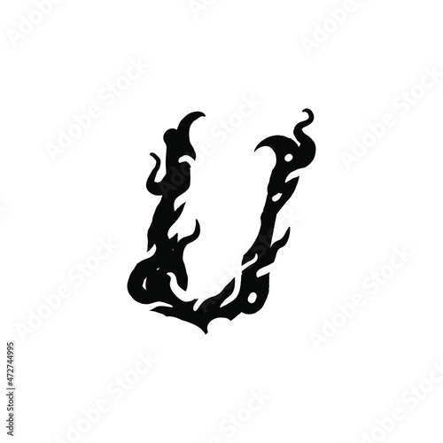 Letter U in gothic graffiti style. Black letter with curls. Logo or design element. Vector illustration isolated on white background. Vector EPS 10.