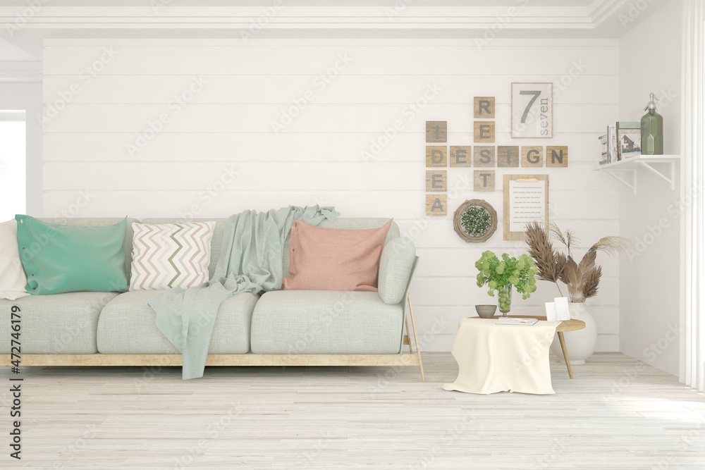 Naklejka premium White living room with sofa. Scandinavian interior design. 3D illustration