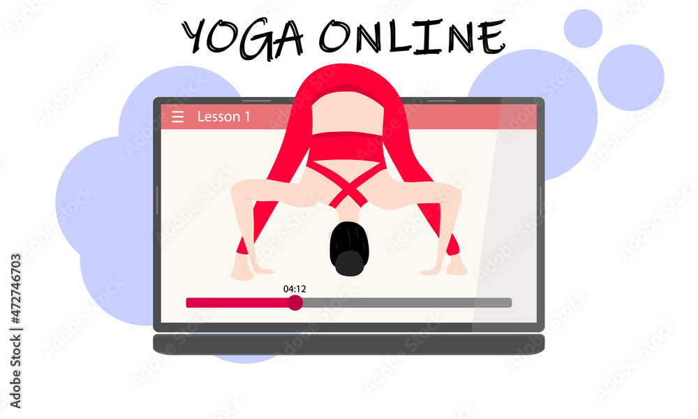Yoga classes online by video. A pretty Asian girl on a laptop screen shows an asana. Yoga training via the Internet. Vector illustration. Yoga classes online by video. A pretty Asian girl on a laptop screen shows an asana. Yoga training via the Internet. Vector illustration.