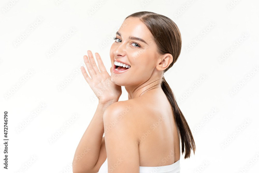 Skincare and beauty portirait of beautiful cheelful woman smiling and saying hi to camera in isolated white studio background Skincare and beauty portirait of beautiful cheelful woman smiling and saying hi to camera in isolated white studio background