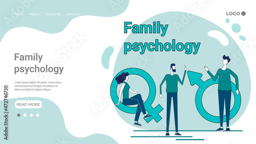 Family psychology.People use the services of a psychologist.The concept of helping families overcome crises.An illustration in the style of a landing page in green.