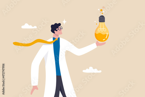 Experiment new creative idea, research to discover and invent new product, entrepreneurship mindset or business analysis concept, businessman experimenting new idea lightbulb to invent new product. photo