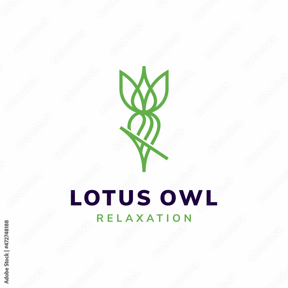 Illustration abstract green owl and lotus flower with creative idea simple line art for relaxation wellnes center logo design premium vector - obrazy, fototapety, plakaty 