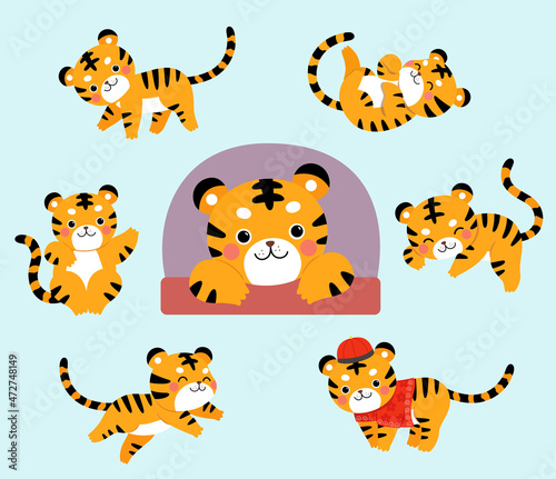 A set of cute tiger moves  including standing  jumping and lying down