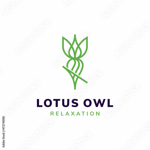Illustration abstract green owl and lotus flower with creative idea simple line art for relaxation wellnes center logo design premium vector