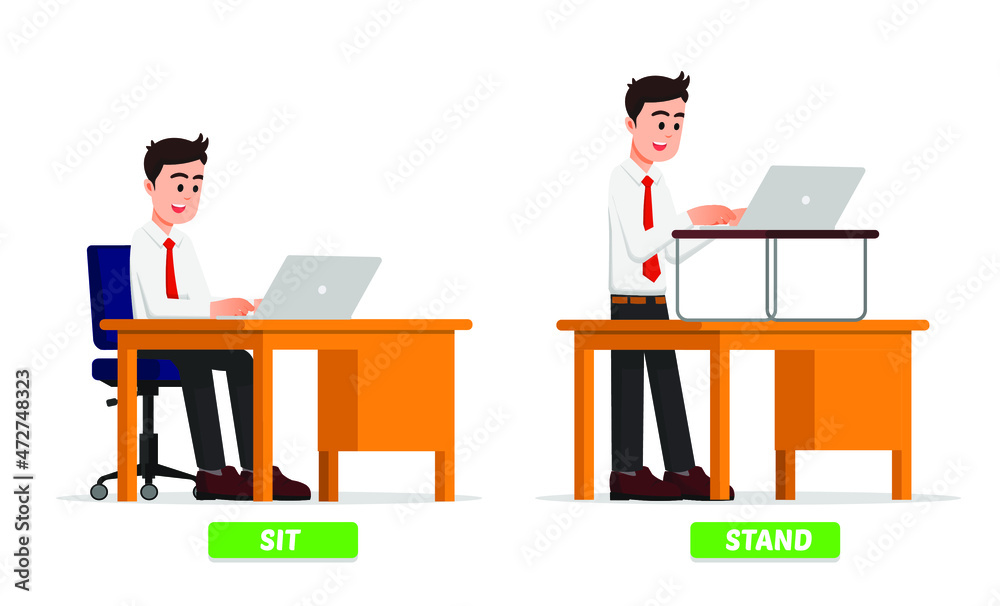 An office man with a sitting and standing working posture An office man with a sitting and standing working posture
