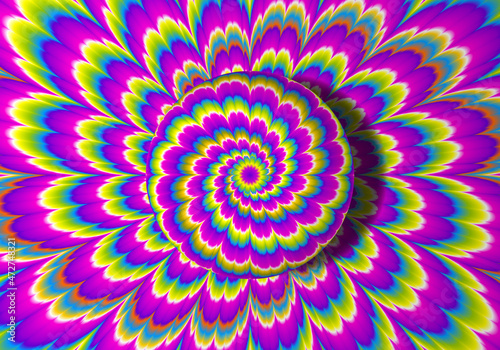Colorful rainbow background with growing sphere. Optical expansion illusion.