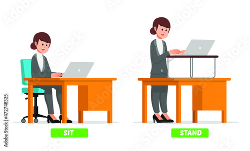 An office woman with a standing and sitting work posture