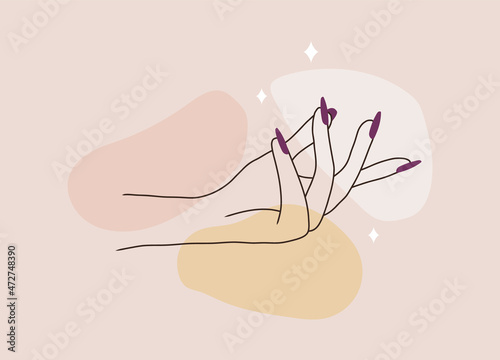 Manicure logo template for nail art studio. Modern design for beauty and spa center. Linear illustration isolated on pink watercolor background.