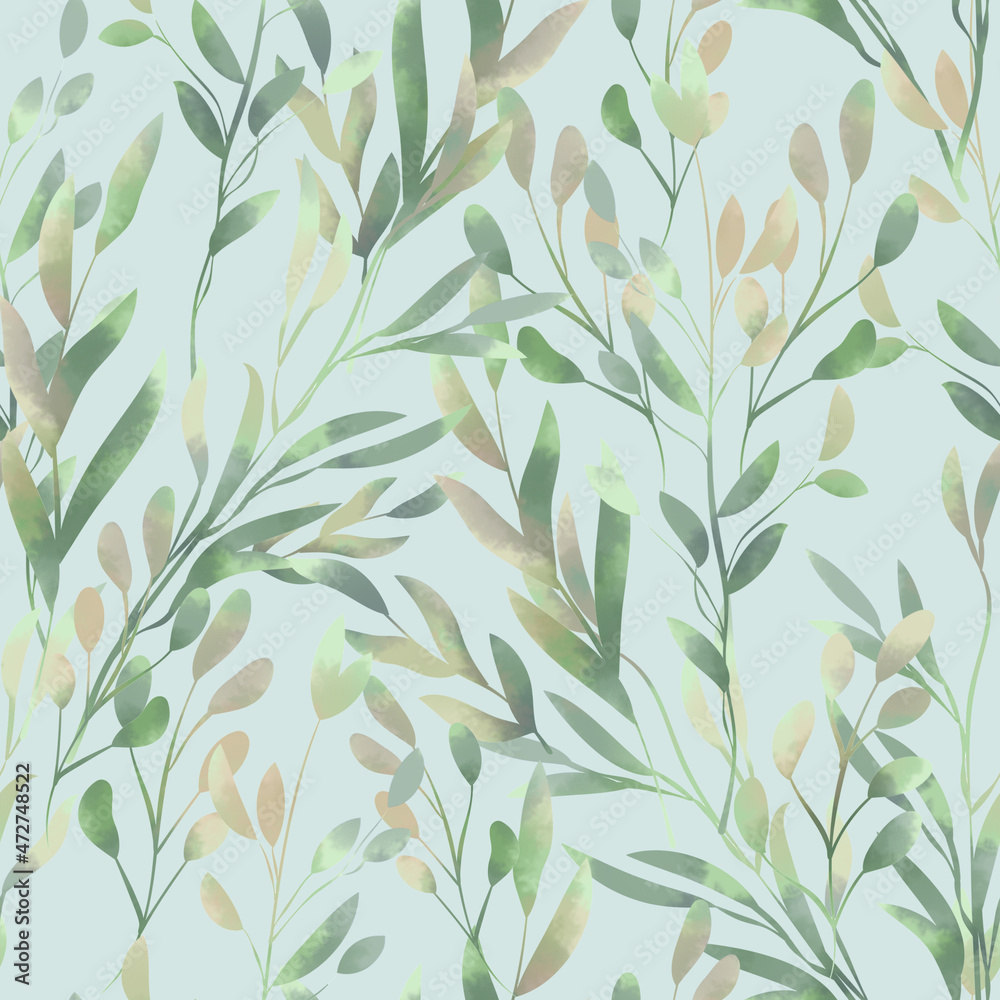 Spring foliage. Seamless pattern in a watercolor style. Background for fabric, wallpaper, postcards. Spring foliage. Seamless pattern in a watercolor style. Background for fabric, wallpaper, postcards.