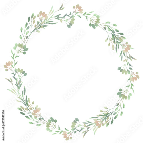 Watercolor wreath. Spring foliage. Beautiful isolated clipart element for design.
