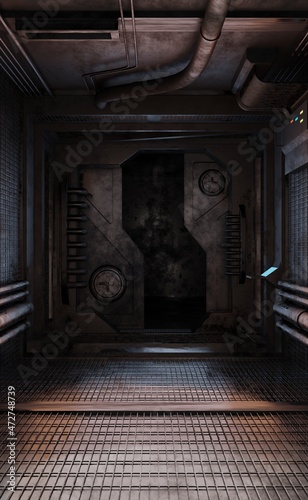 Sci-fi gate door interior in dark 3D rendering abstract wallpaper background