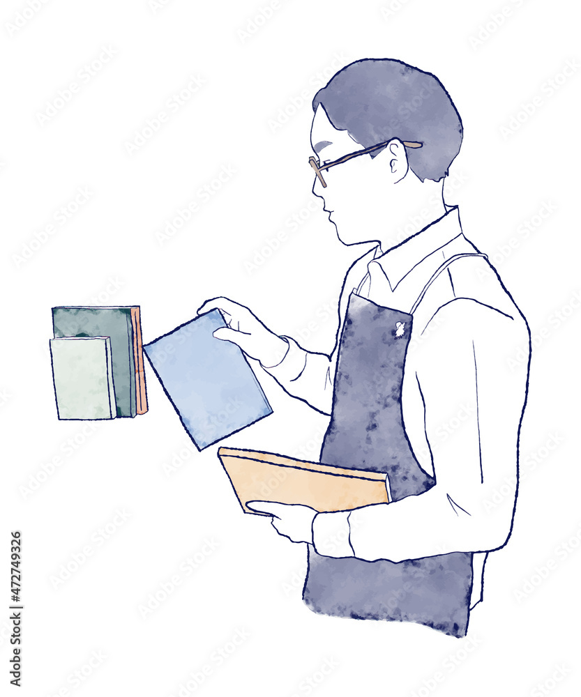 本を並べる本屋の店員 シャツにエプロンのアジア人男性 上半身の水彩とインク手描きイラスト 仕事 働く Stock Vector Adobe Stock