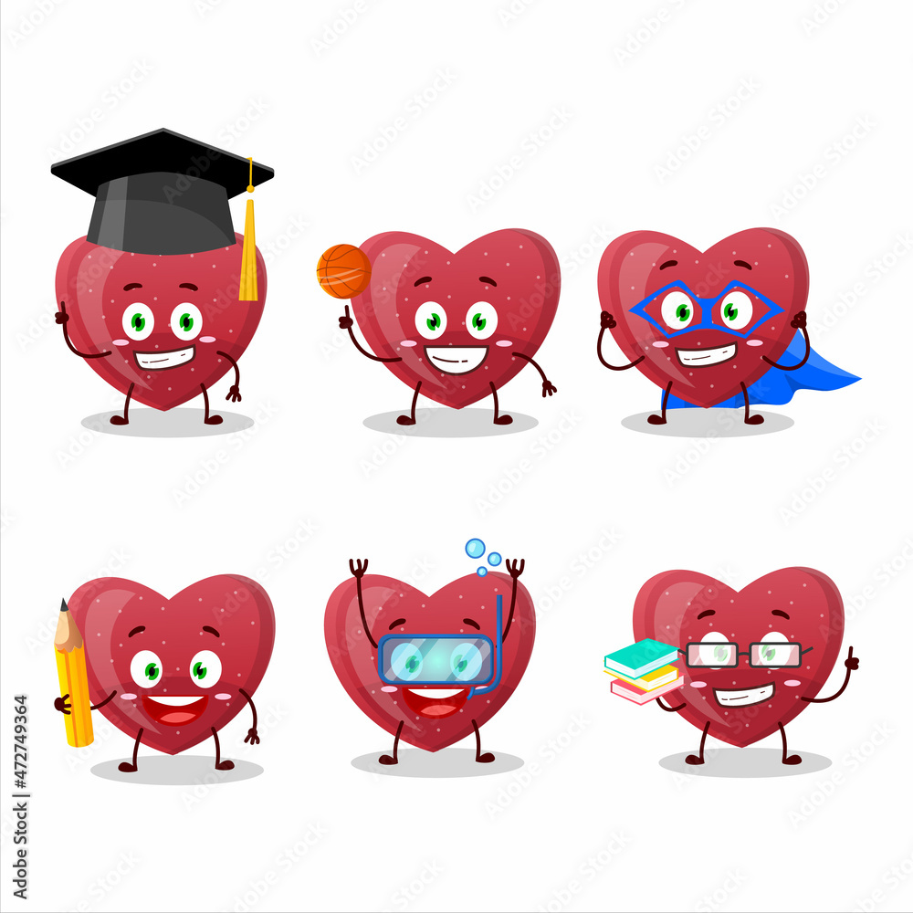 School student of red love gummy candy cartoon character with various expressions