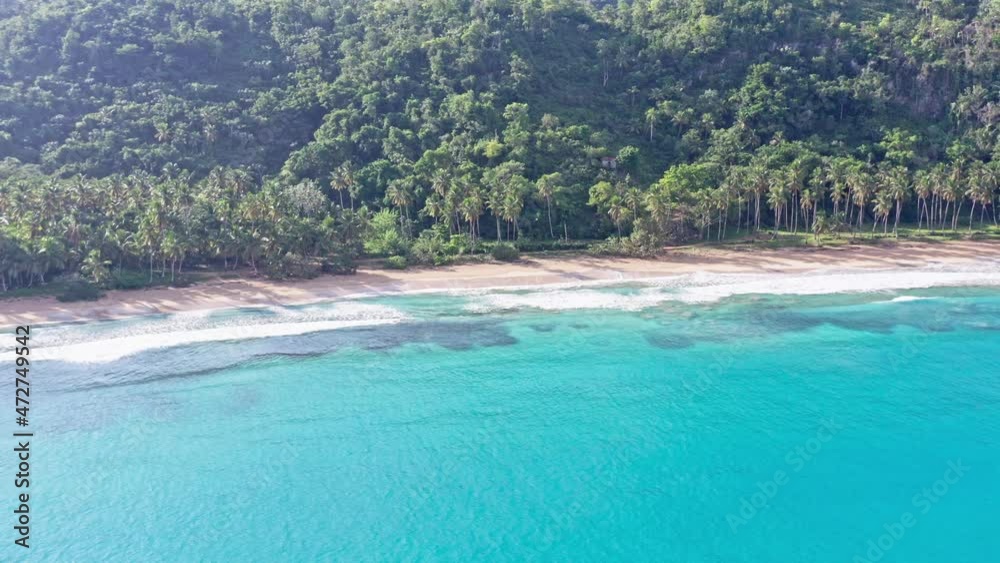 View of nice tropical beach with palms around - Holiday and vacation concept - Playa Coson in Las Terrenas, Dominican Republic - aerial drone shot View of nice tropical beach with palms around - Holiday and vacation concept - Playa Coson in Las Terrenas, Dominican Republic - aerial drone shot