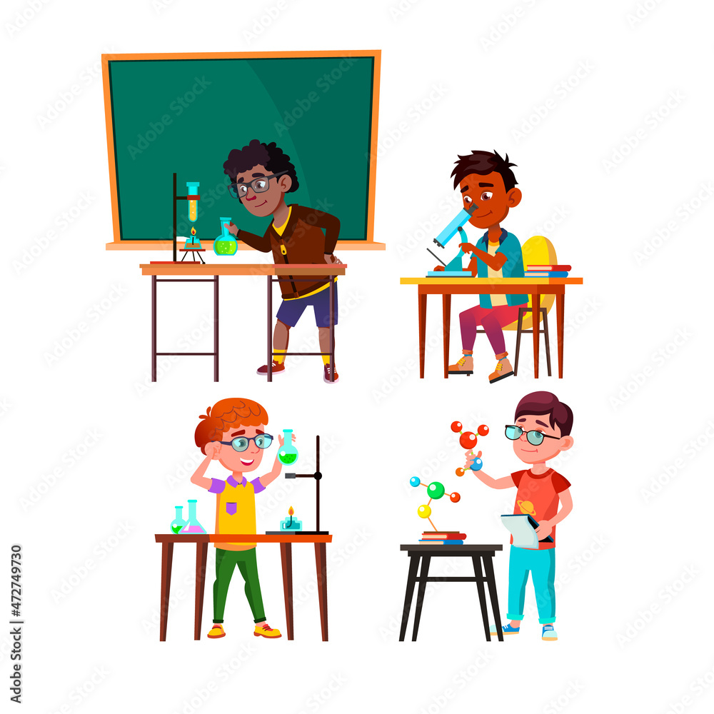 Scientist School Boys Researchment Set Vector. Schoolboy Scientist Researching, Analyzing And Developing With Laboratory Equipment. Characters Chemical And Biology Test Flat Cartoon Illustrations Scientist School Boys Researchment Set Vector. Schoolboy Scientist Researching, Analyzing And Developing With Laboratory Equipment. Characters Chemical And Biology Test Flat Cartoon Illustrations