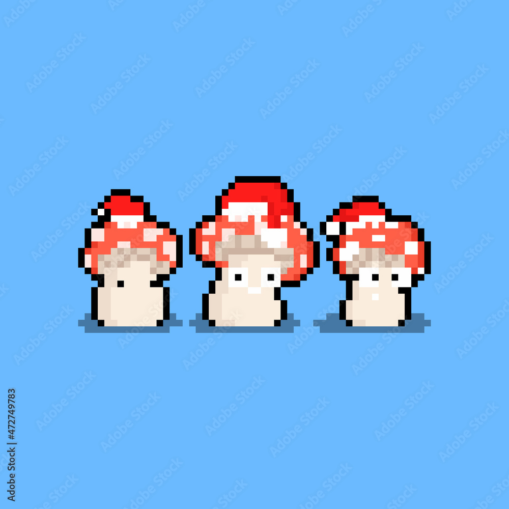 Pixel art cartoon christmas mushrooms character.